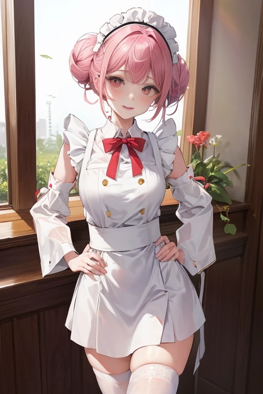 tmasterpiece、Need、1 female student、White cloth bun bun bun、Shoulder leakage、The chest is large、chubbiness、ssmile、upper legs，pale pink lip、posing at school，legs are open， 独奏,the maid outfit，looking at viewert,  (upper legs粗:1.0),Yazawa Nico,red eyes, face flushed,Blunt hair,both hands on hip，Wide buttock，greet，Flower headdress，Maid Cafe