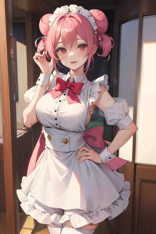 tmasterpiece、Need、1 female student、White cloth bun bun bun、Shoulder leakage、The chest is large、chubbiness、ssmile、upper legs,pale pink lip、posing at school,legs are open, 独奏,the maid outfit,looking at viewert, (upper legs粗:1.0),Yazawa Nico,red eyes, face flushed,Blunt hair,both hands on hip,Wide buttock,greet,Flower headdress,