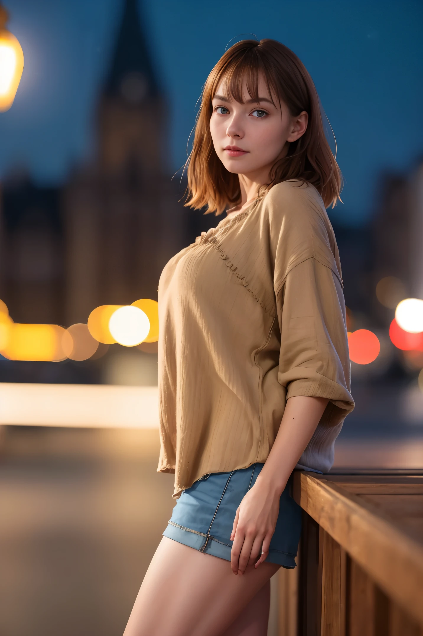 A beautiful introverted European woman wearing frumpy clothing, legs, high detail face, high detail skin, medium  size breasts, 8k, HDR, high resolution, photo-realistic, cinematic lighting, depth of field, bokeh, rim lighting, backlit, cool colours, night