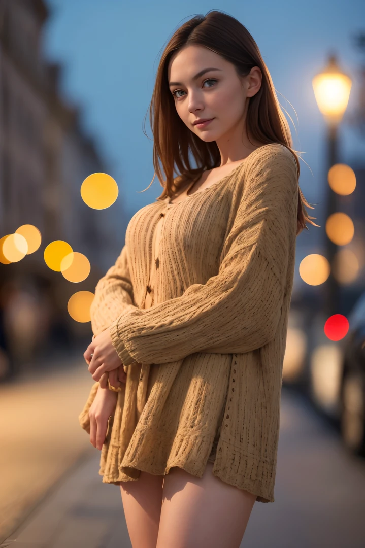 A beautiful introverted European woman wearing frumpy clothing, legs, high detail face, high detail skin, medium size breasts, 8k, HDR, high resolution, photo-realistic, cinematic lighting, depth of field, bokeh, rim lighting, backlit, cool colours, night