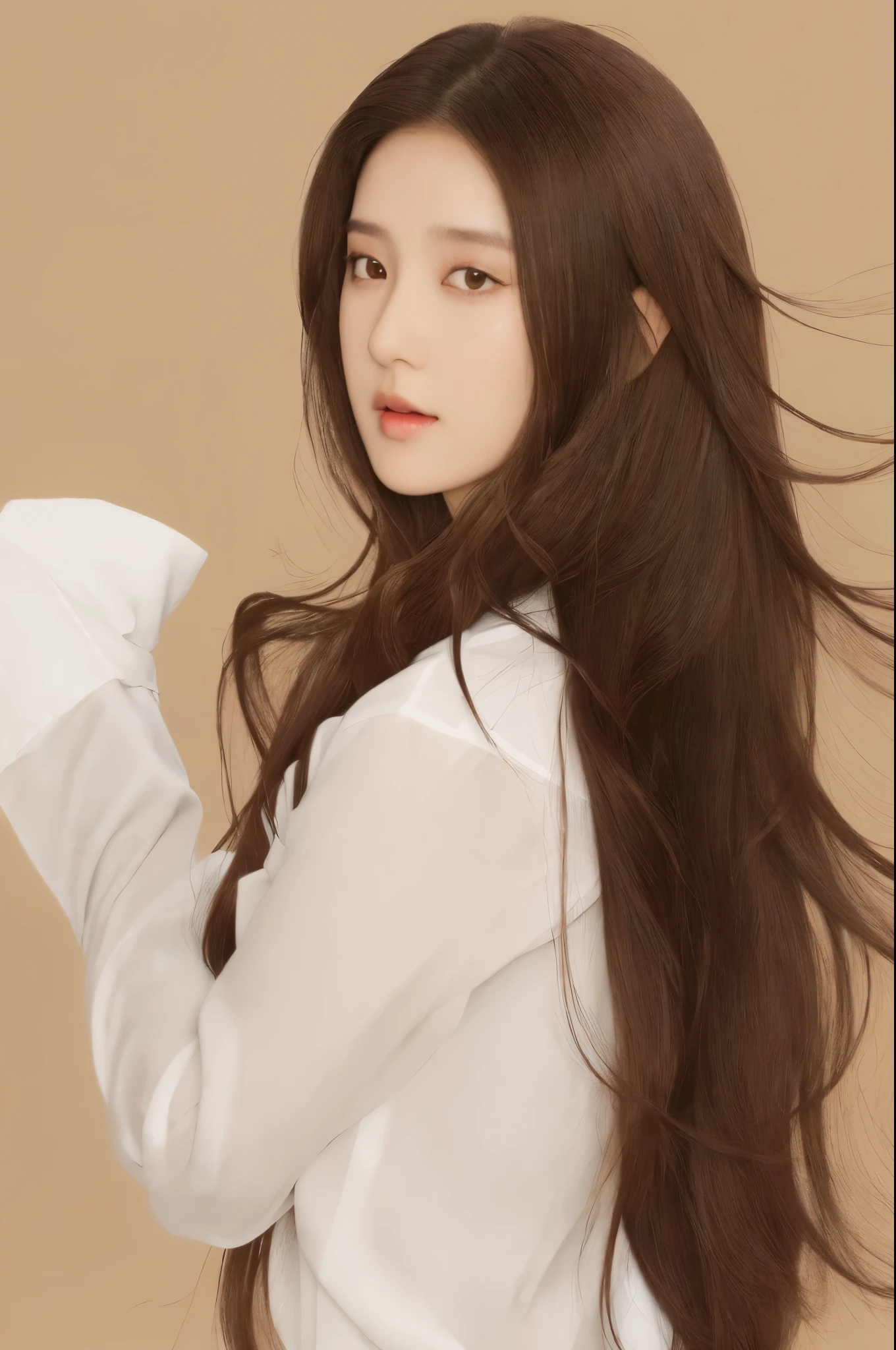 1 girl, solo, long hair blown by the wind, realistic, looking at the audience, lipackground, brown background, brown eyes, upper body, black hair, brown hair, shirt, white shirt, long sleeves, signature, parted lips, nose