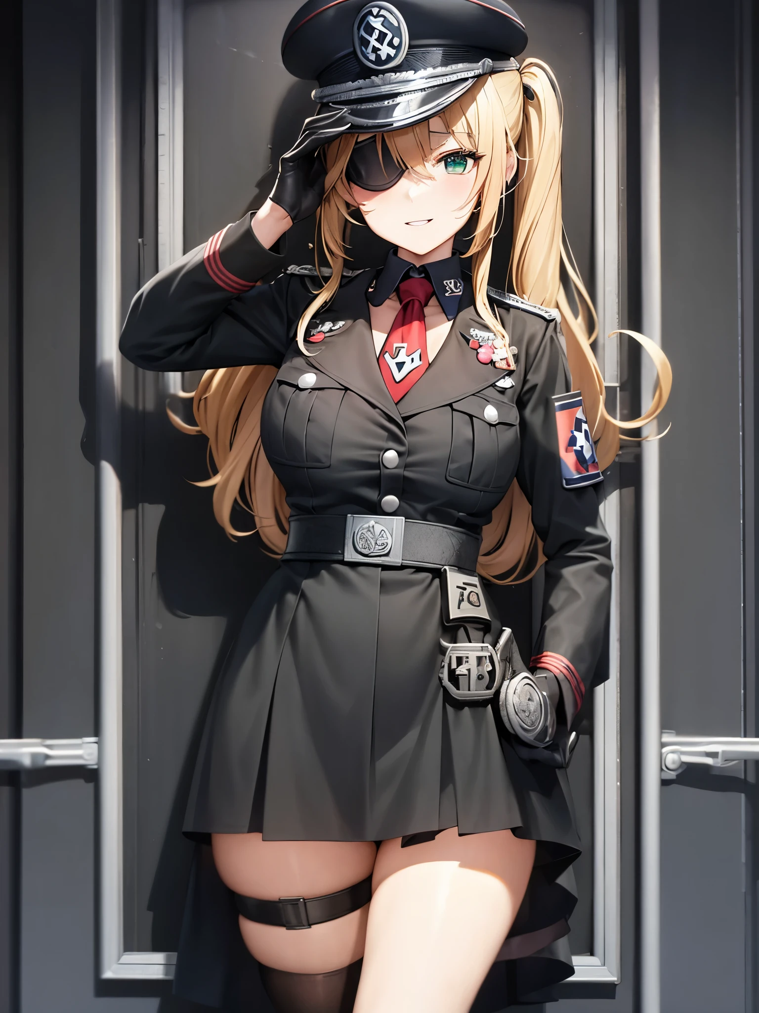 Blonde hair, silver-blue eyes, seductive smile, thick eyelashes, huge breasts, ((military uniform)), black military uniform, short hair, wavy hair, Military hat,, SS uniform, SS charlemagne, Medicine Melancholy as a SS female soldier, germany, germany 1940, ww2, evil, alternate costume, {{{Masterpiece}}}, {{{detailed}}} {{{high Resolution}}}, colorful, {{{cinematic lighting}}}, {{detailed}}, 4K, Touhou, Medicine Melancholy,