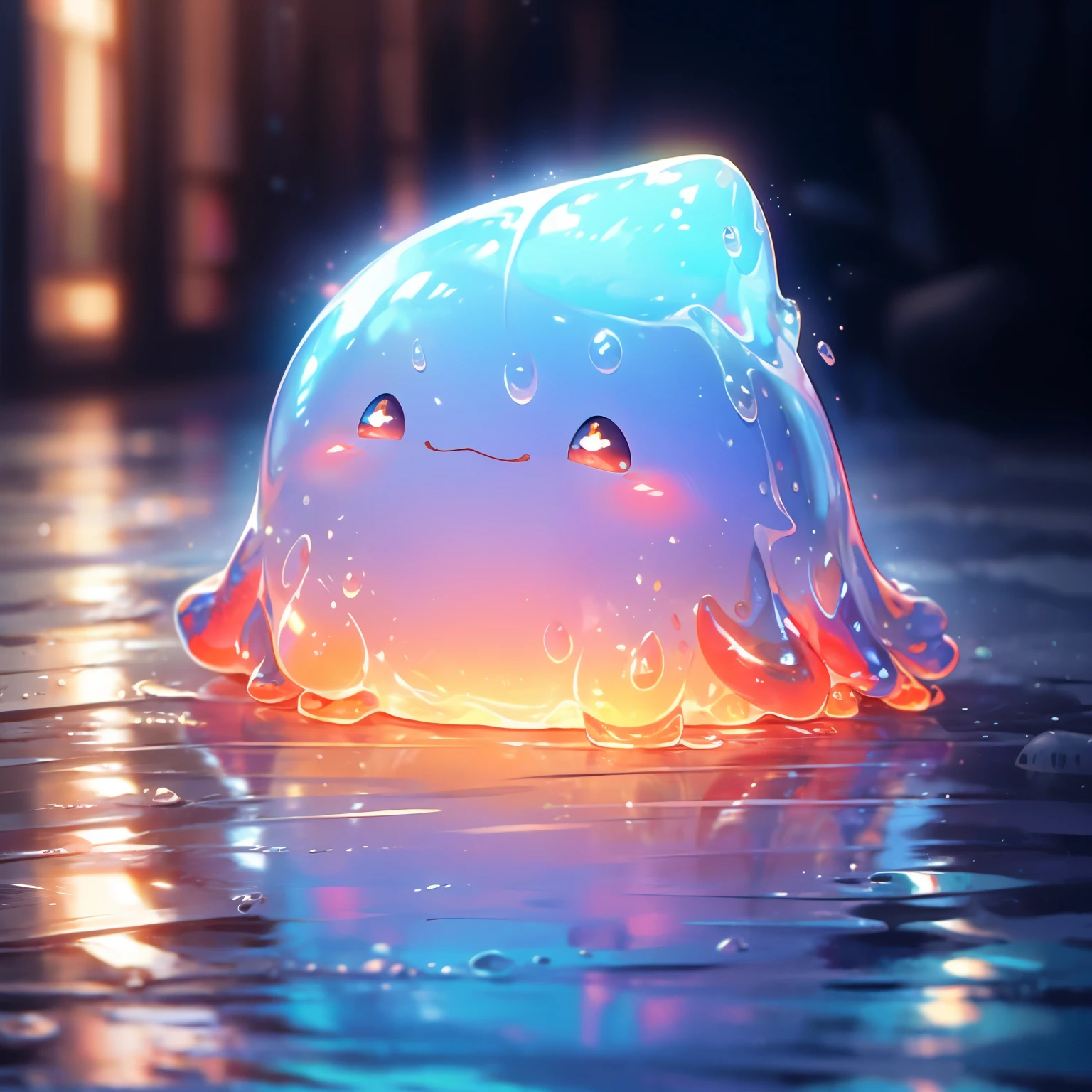 A shiny blue and red slime, cute face,vibrant and translucent texture, slime stretching and squishing, detailed, mesmerizing patterns and swirls, sparkling and reflecting light, satisfying to touch and play with, high-res masterpiece, vivid colors, illuminated with soft studio lighting.