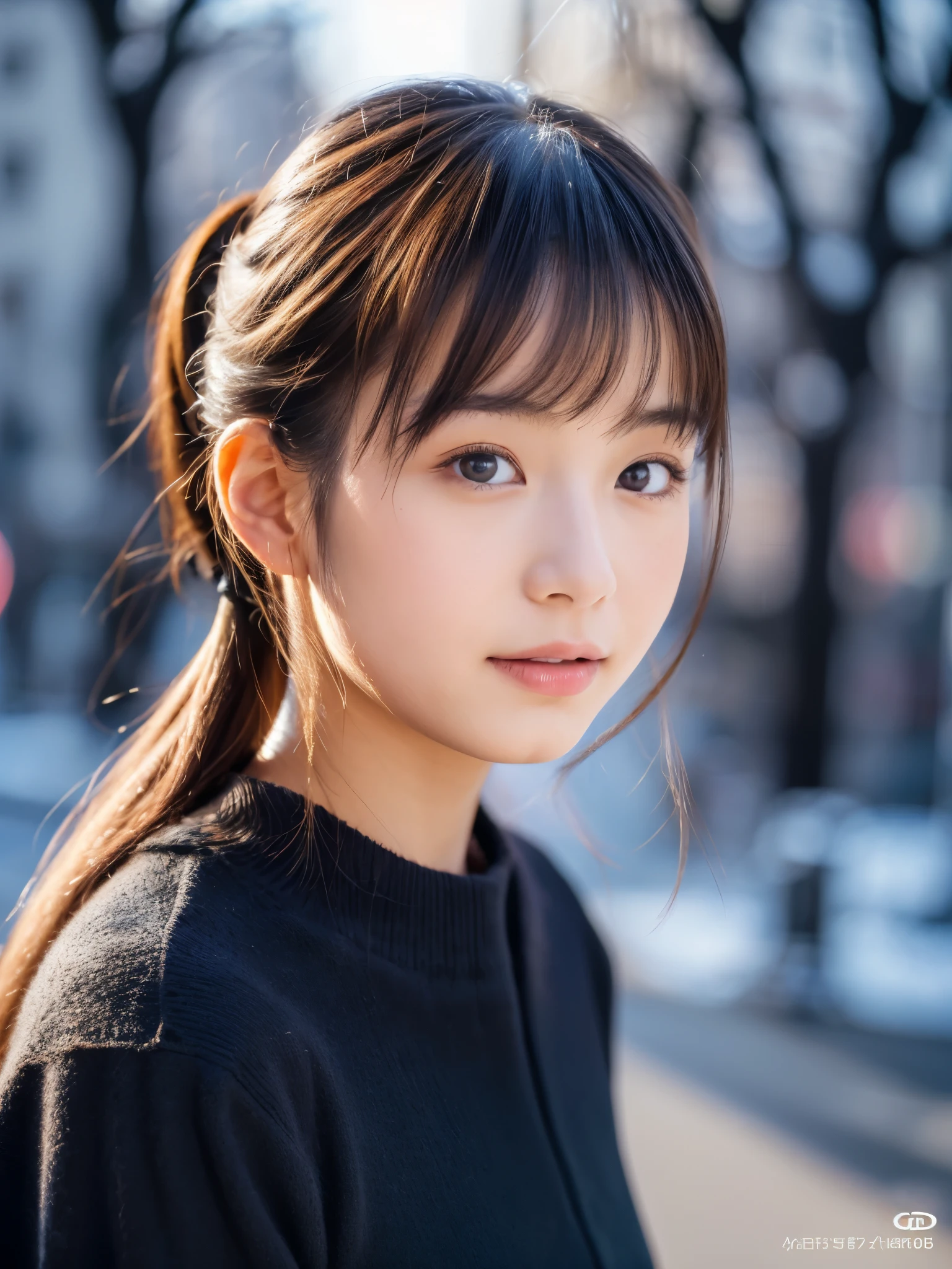 Photorealsitic, 8k full-length portraits, Beautuful Women, A charming expression, Clear department, poneyTail, sixteen years old, TOKYOcty, Winters, Shibuya in the background