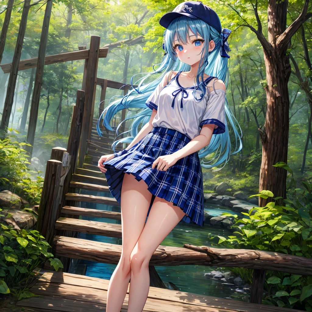 Blue hair、blue eyess、Braids、one good looking girl、独奏、animesque、Plaid miniskirt、Black T-shirt、camisole、the woods、Wearing a plaid baseball cap、bare-legged、Tilting your face、Walking、Crossing a log bridge while keeping balance、Doing the ribbon、have a twig、climbing the wooden stairs、falls、Blue Topaz、evening glow