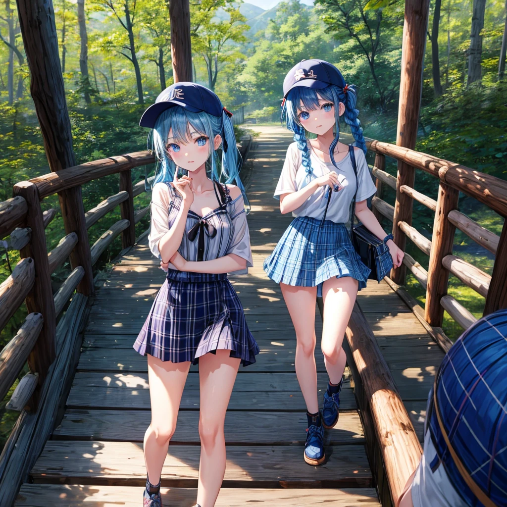 Blue hair、blue eyess、Braids、one good looking girl、独奏、animesque、Plaid miniskirt、Black T-shirt、camisole、the woods、Wearing a plaid baseball cap、bare-legged、Tilting your face、Walking、Crossing a log bridge while keeping balance、Doing the ribbon、have a twig、climbing the wooden stairs、falls、Blue Topaz、evening glow