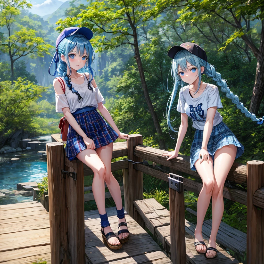 Blue hair、blue eyess、Braids、one good looking girl、独奏、animesque、Plaid miniskirt、Black T-shirt、camisole、the woods、Wearing a plaid baseball cap、bare-legged、Tilting your face、Walking、Crossing a log bridge while keeping balance、Doing the ribbon、have a twig、climbing the wooden stairs、falls、Blue Topaz、evening glow