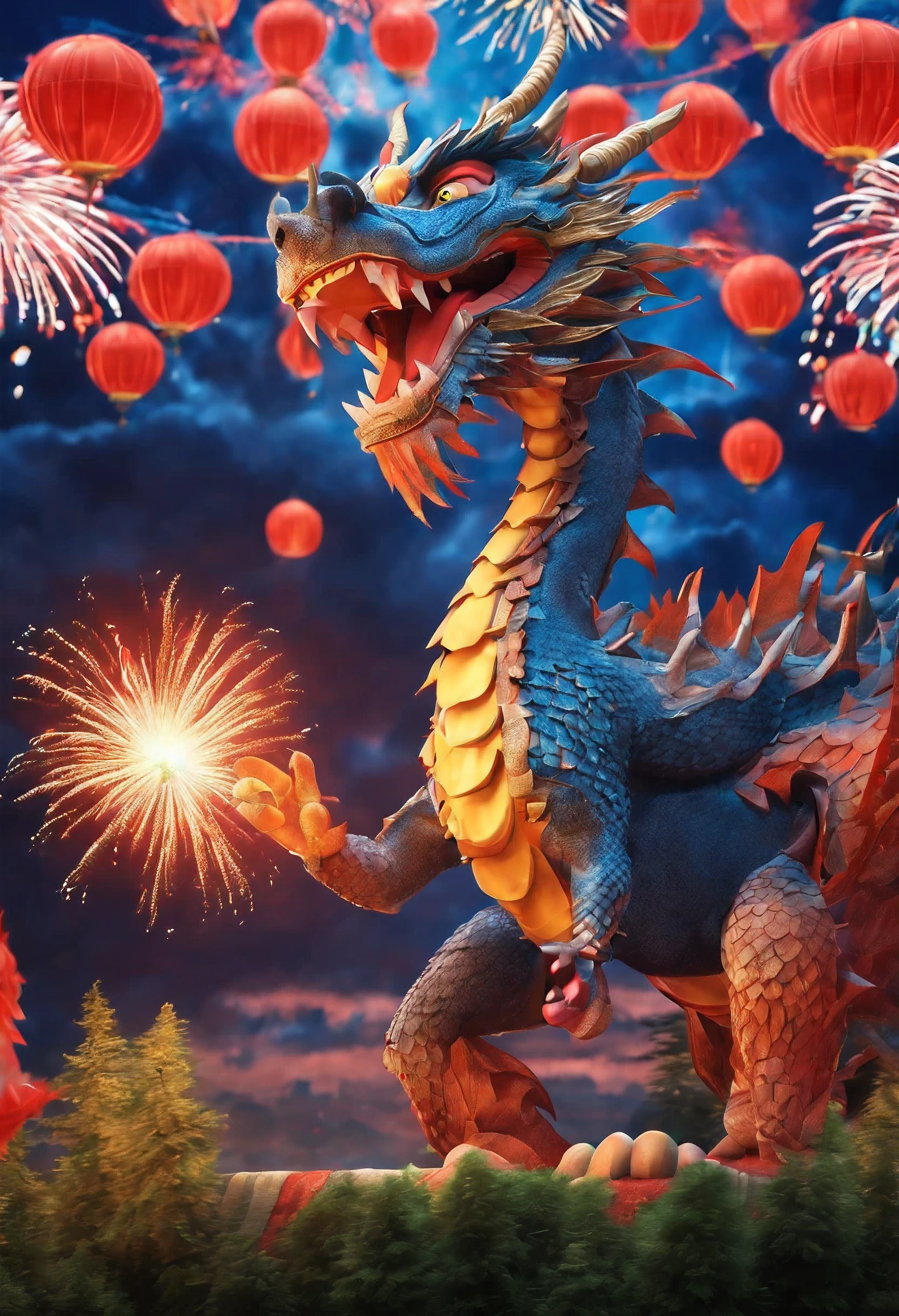 Holiday poster: (2024) Happy New Year Dragon ,com mascot: chinesedragon,Background with: A grand fireworks display lights up the sky,(Best quality,3D rendering 8K,A high resolution,tmasterpiece:1.2),ultra - detailed,(actual,photoactual,photo-actual:1.37)