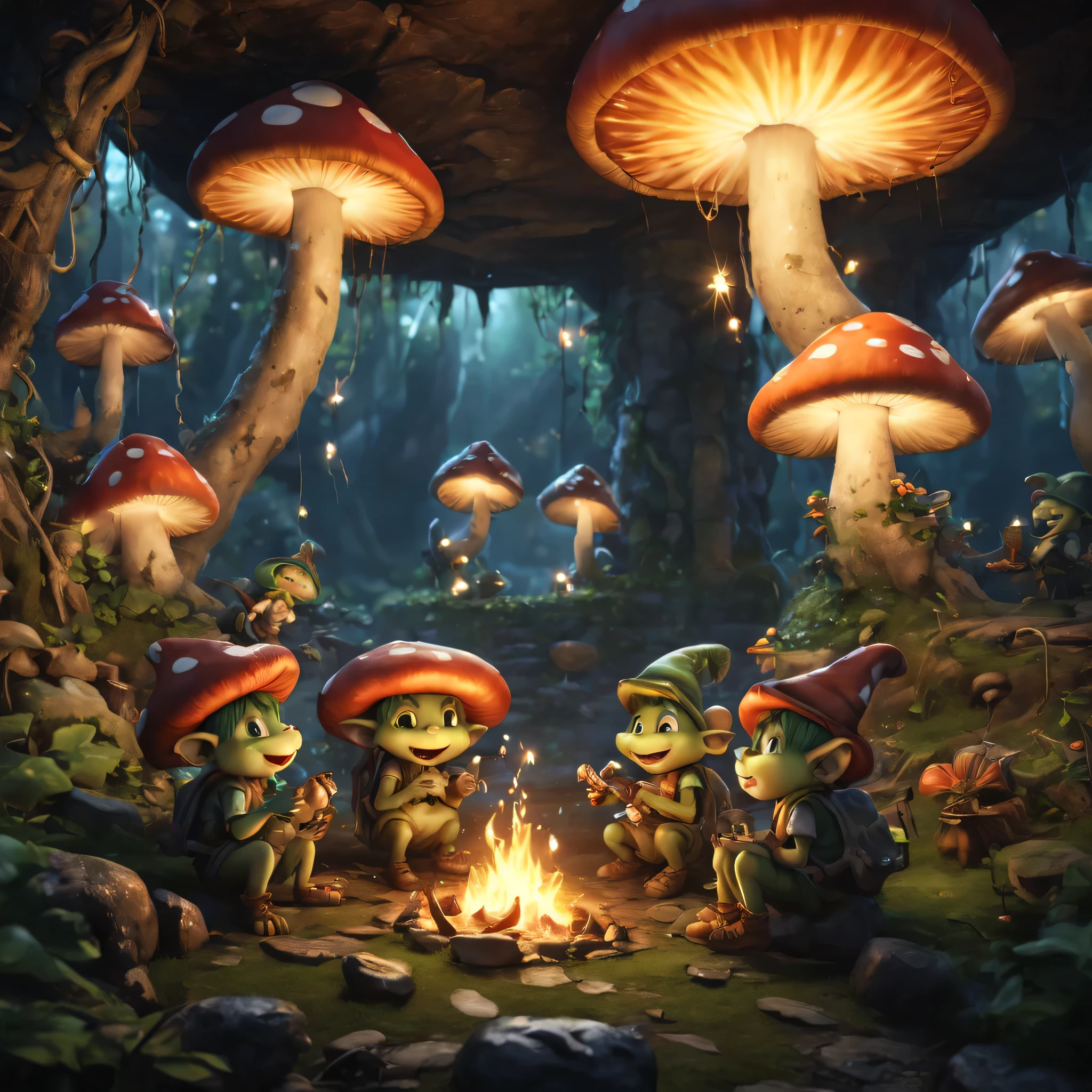 (best quality,4k,highres,ultra-detailed,realistic:1.2),underground in a magnificent mushroom kingdom. Goblins wearing mushroom themed hats and outfits gather around a cozy campfire to share stories and roast food. The ceiling is illuminated with a mesmerizing display of glow worms that resemble fireworks. The scene is bathed in warm, soft lighting, creating a magical and enchanting atmosphere. The goblins' hats and outfits are intricately designed, featuring vibrant colors and intricate details. They sit on large mushroom-shaped stools and enjoy the delicious aroma of the roasted food. The mushrooms adorning the underground kingdom come in various shapes, sizes, and colors, creating a surreal and whimsical environment. The air is filled with laughter, the crackling sound of the fire, and the soft buzzing of the glow worms. As the goblins share their tales, their expressive eyes glisten with excitement, adding an extra layer of charm to the scene. The combination of the underground setting, the mushroom kingdom, the goblins, the campfire, and the glowing worms creates a captivating and memorable visual feast full of warmth and magic.