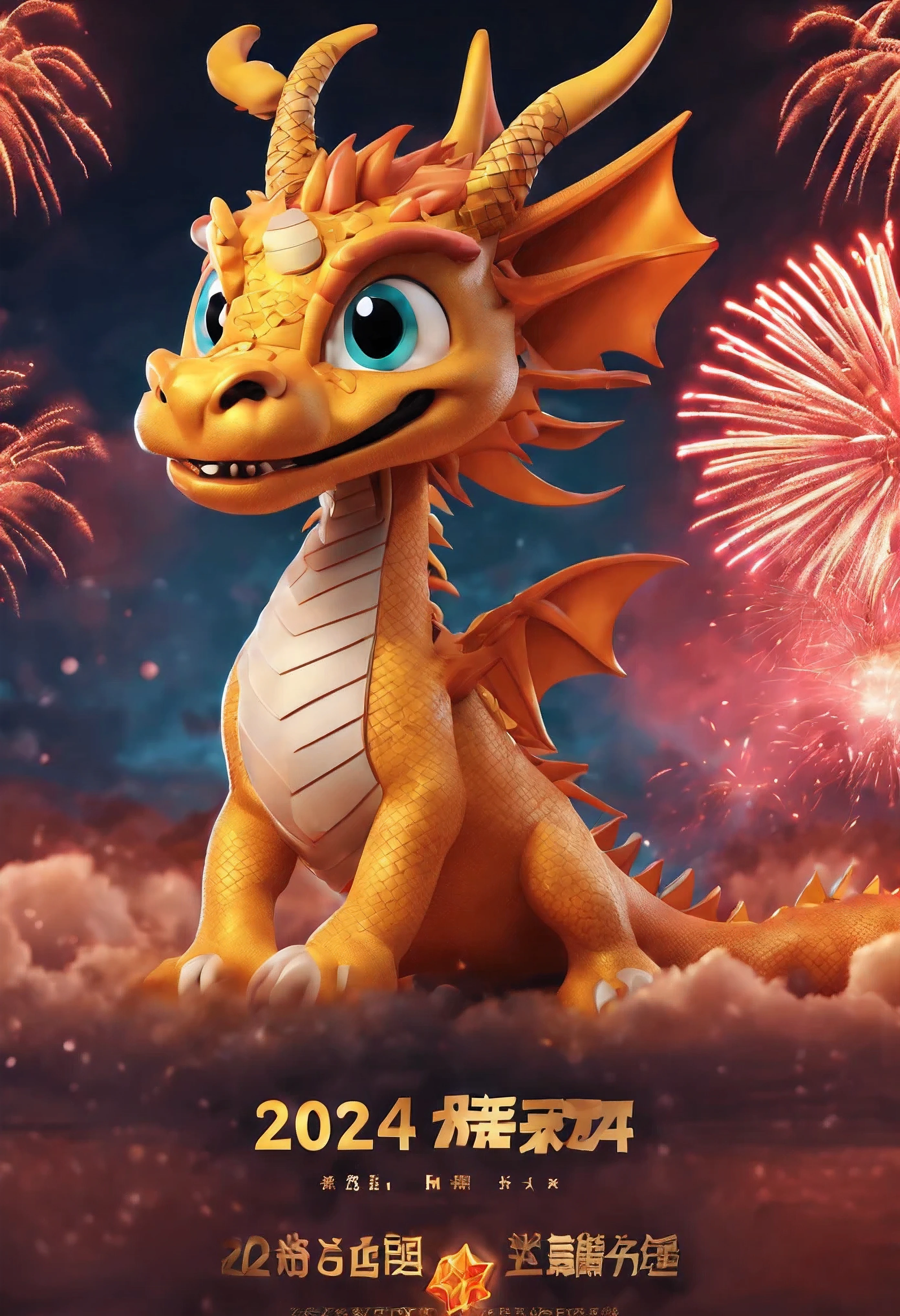Holiday poster: (2024) Happy New Year Dragon ，com mascot: chinesedragon,Background with: A grand fireworks display lights up the sky,(Best quality,3D rendering 8K,A high resolution,tmasterpiece:1.2),ultra - detailed,(actual,photoactual,photo-actual:1.37)
