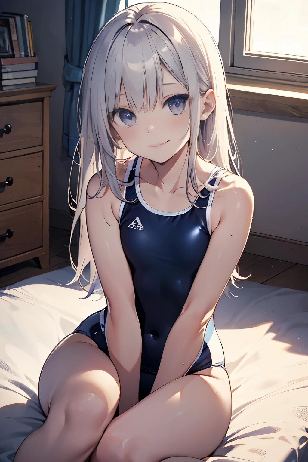 hiquality、top-quality、Full limbs、The ultra -The high-definition、Long、Shining eyes、complete fingers、Slender beauty、ssmile、Wearing a shiny white school swimsuit、shinny skin、knee high、girl's cute room、Dramatic Writing
