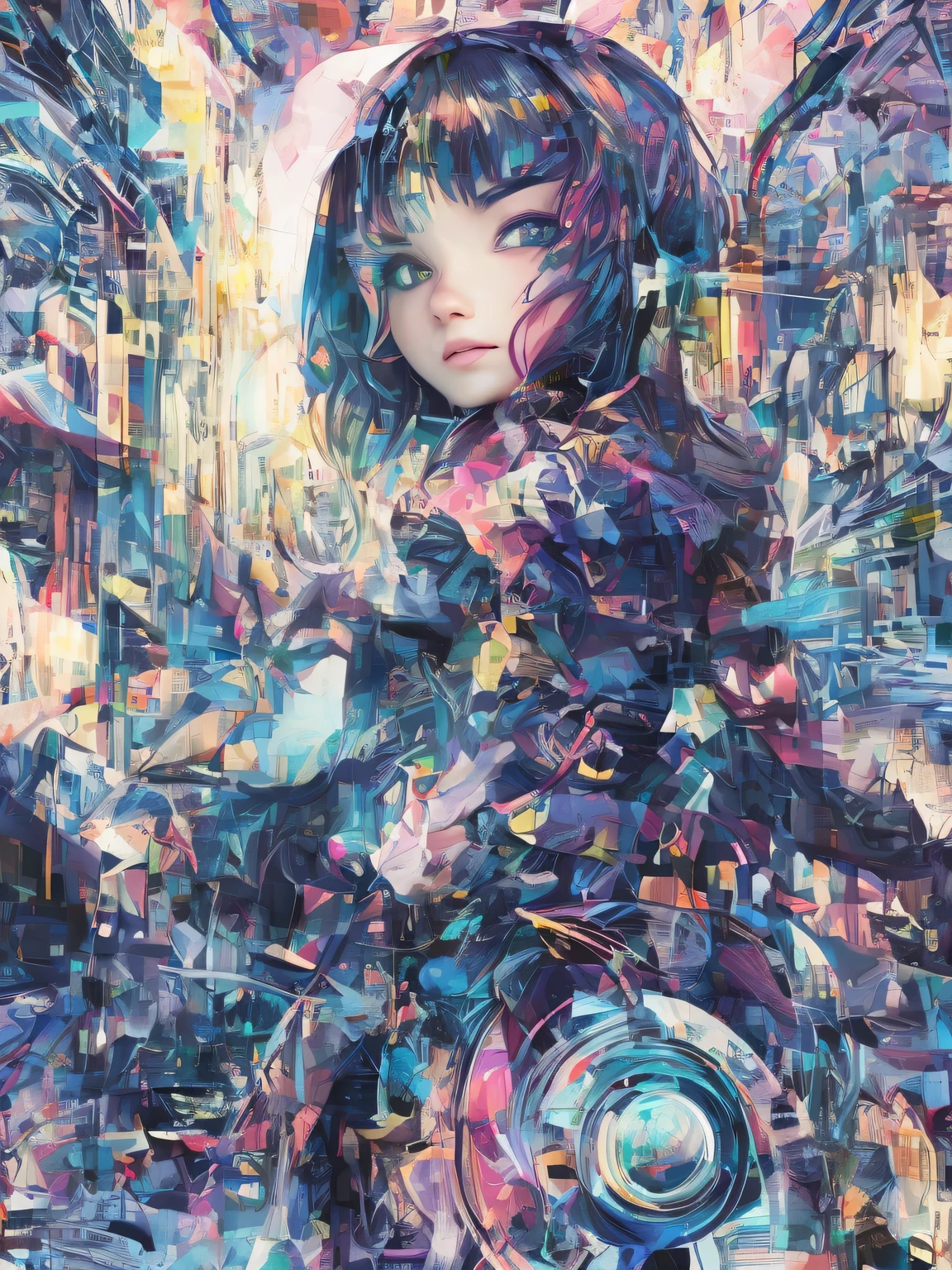 (masutepiece, Best Quality), Beautiful woman,portlate、 Wavy Hair, asymmetrical bangs, Perfect face, Beautiful face, enticing, big gorgeous eyes, (Detailed eyes, Eyes Like Gems, Sparkling eyes:1.3) , Soft smile, perfect slim fit body, blue-sky, (plein air), Bright colors, (Risograph)