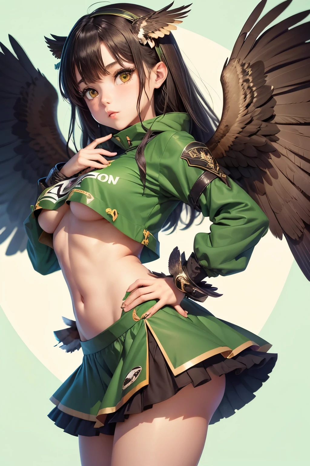 cute girl, hawk with large wings, 💚❤🤍🖤