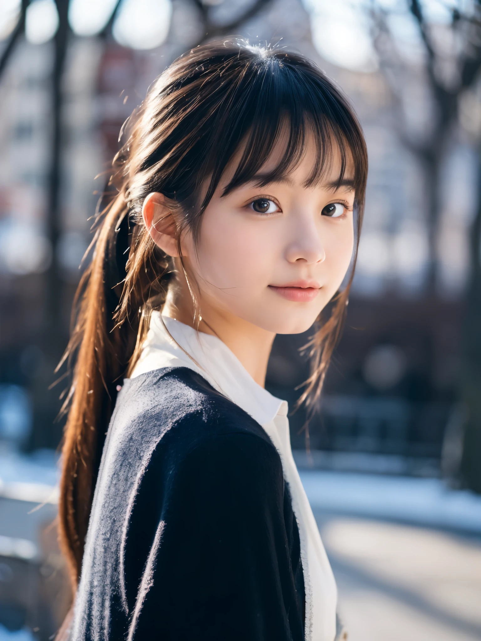 Photorealsitic, 8k full-length portraits, Beautuful Women, A charming expression, Clear department, poneyTail, , TOKYOcty, Winters, Shibuya in the background