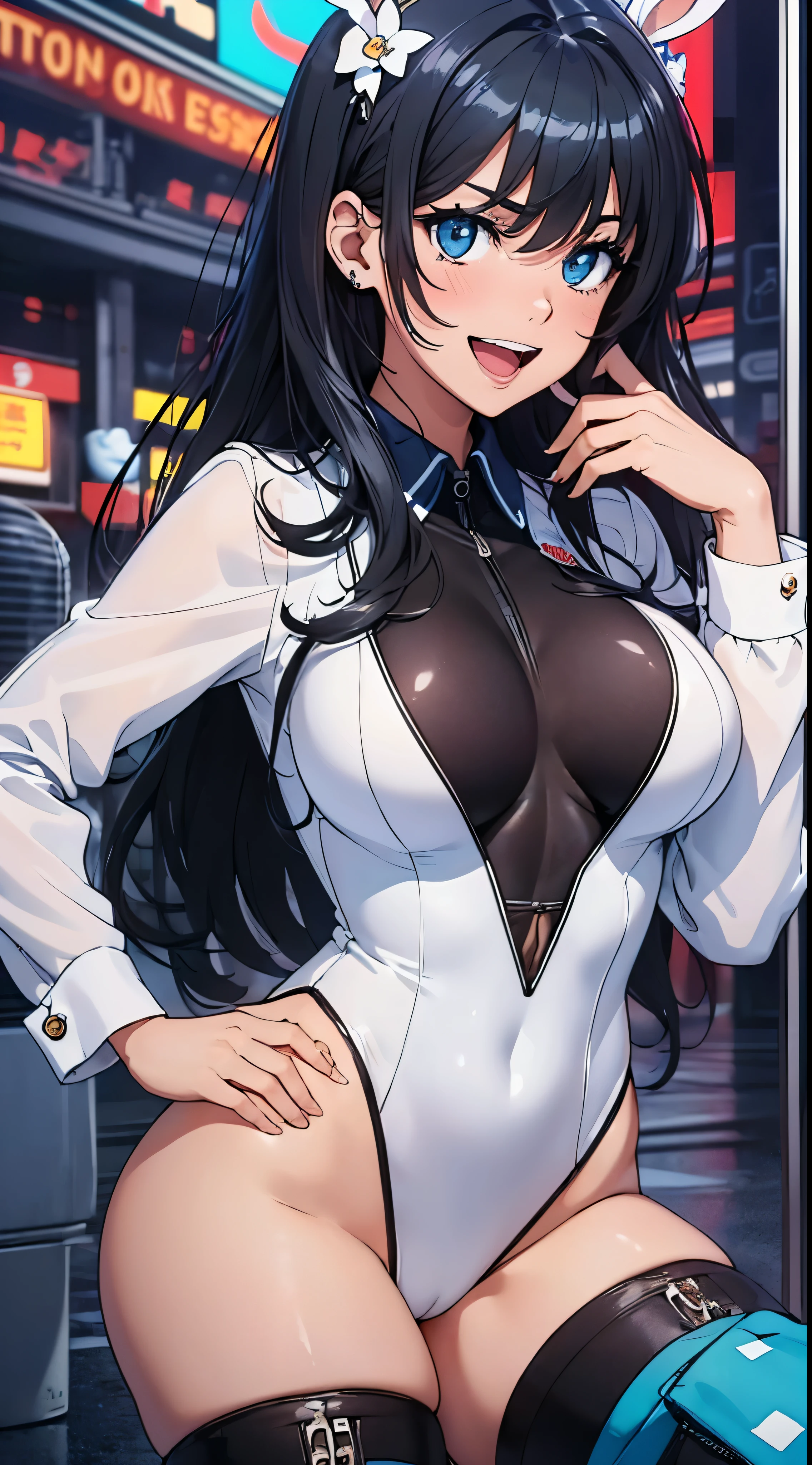 1womanl,Black hair,14years ,(()),Beautiful breasts,(((sexy white and blue shiny bunny suit)))(())(((Blushing cheeks、Smile with open mouth)),(((Satin Narico))),((( portlate))),Crowds,white and blue bunny suit,Casino