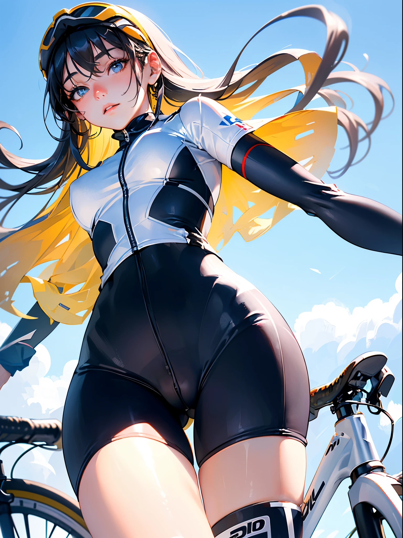 (Best quality at best, On the table),Ultra-detailed photography,1 girl in, Female cyclist,,pretty legs,At the cycling road race venue,Detailed beautiful face,詳細な目,Delicate hair,Detailed clothes,Detailed and realistic skin,Cool,riding bikes,dynamic angle,from below