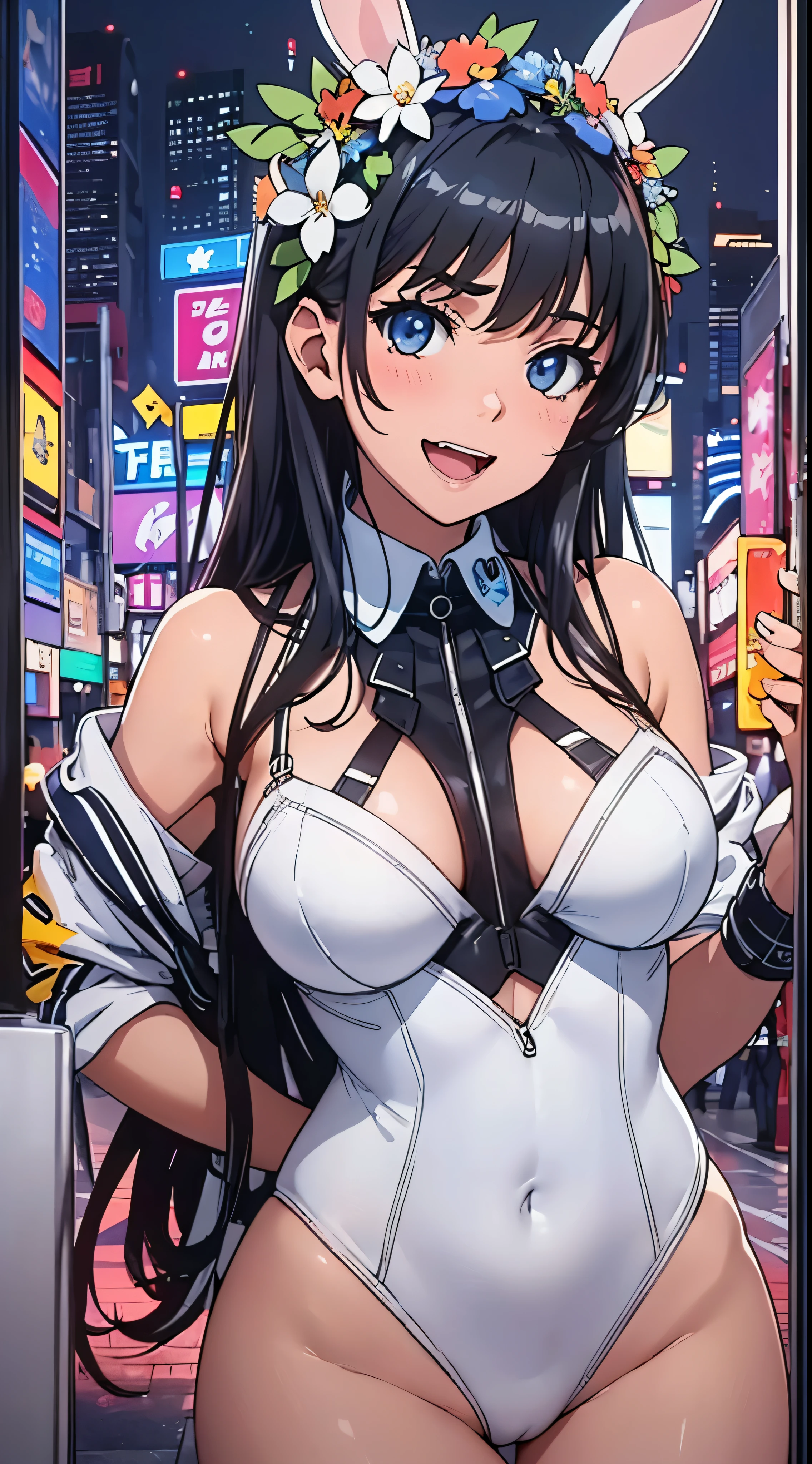 1womanl,Black hair,14years ,(()),Beautiful breasts,(((sexy white and blue shiny bunny suit)))(())(((Blushing cheeks、Smile with open mouth)),(((Satin Narico))),((( portlate))),Crowds,white and blue bunny suit,Casino