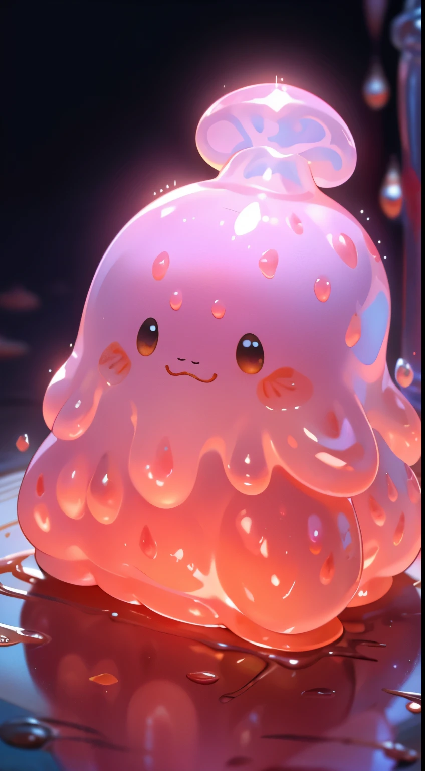 phgls, in container, bottle, strawberry jam slime, Inside a small glass bottle, a pink slime fluffs. It is a strawberry slime, a slime that emits a sweet and sour scent like strawberry. This slime is made from strawberry jam, as part of a handmade toy that uses no food additives, so it is safe to touch. This slime can contain air and fluff up, or flatten under pressure, so it changes shape in various ways inside the bottle. This slime is very cute, and sometimes it bounces or forms a heart shape from the bottle.