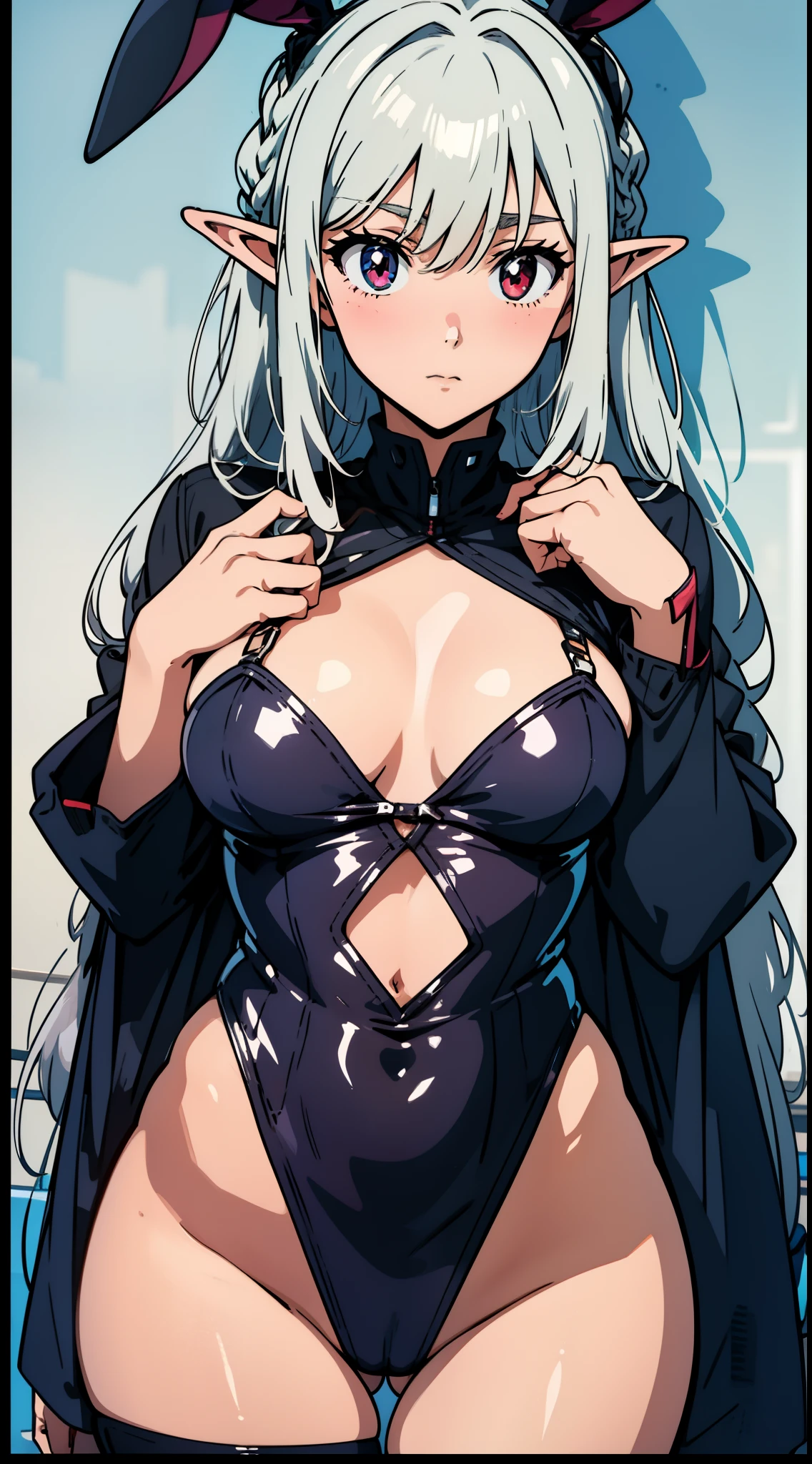 1 girl closeup, bunny girl, leotard, fishnet stockings, elf, silver hair, red eyes, braid, putting both hands on her face, embarrassed, blush, concept art, beautiful anime scene, beautiful anime scenery, top rating on pixiv, best quality, 4K