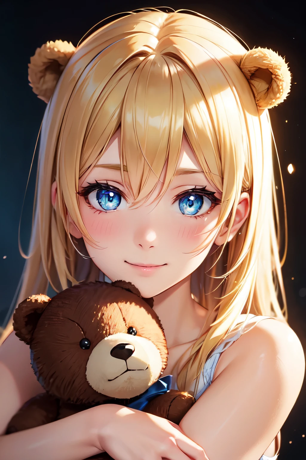 (High quality, High resolution, Fine details), Realistic, colourful background, BREAK (woman with a large stuffed bear), (hugging the bear tightly), (soft and furry texture of the bear), BREAK solo, curvy women, sparkling eyes, (Detailed eyes:1.2), smile, blush, Sweat, Oily skin, shallow depth of field, soft lighting, pastel tones, joyful atmosphere