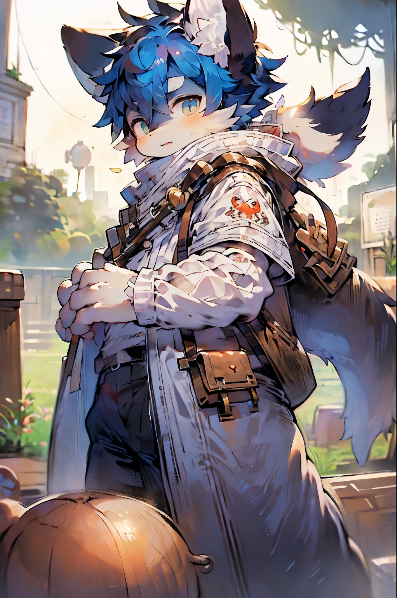 Exaggerated and extraordinarily muscular anthropomorphic wolf standing on his back showing his gigantic ass, his huge and very thick buttocks and his huge balls without clothes with a shameful expression