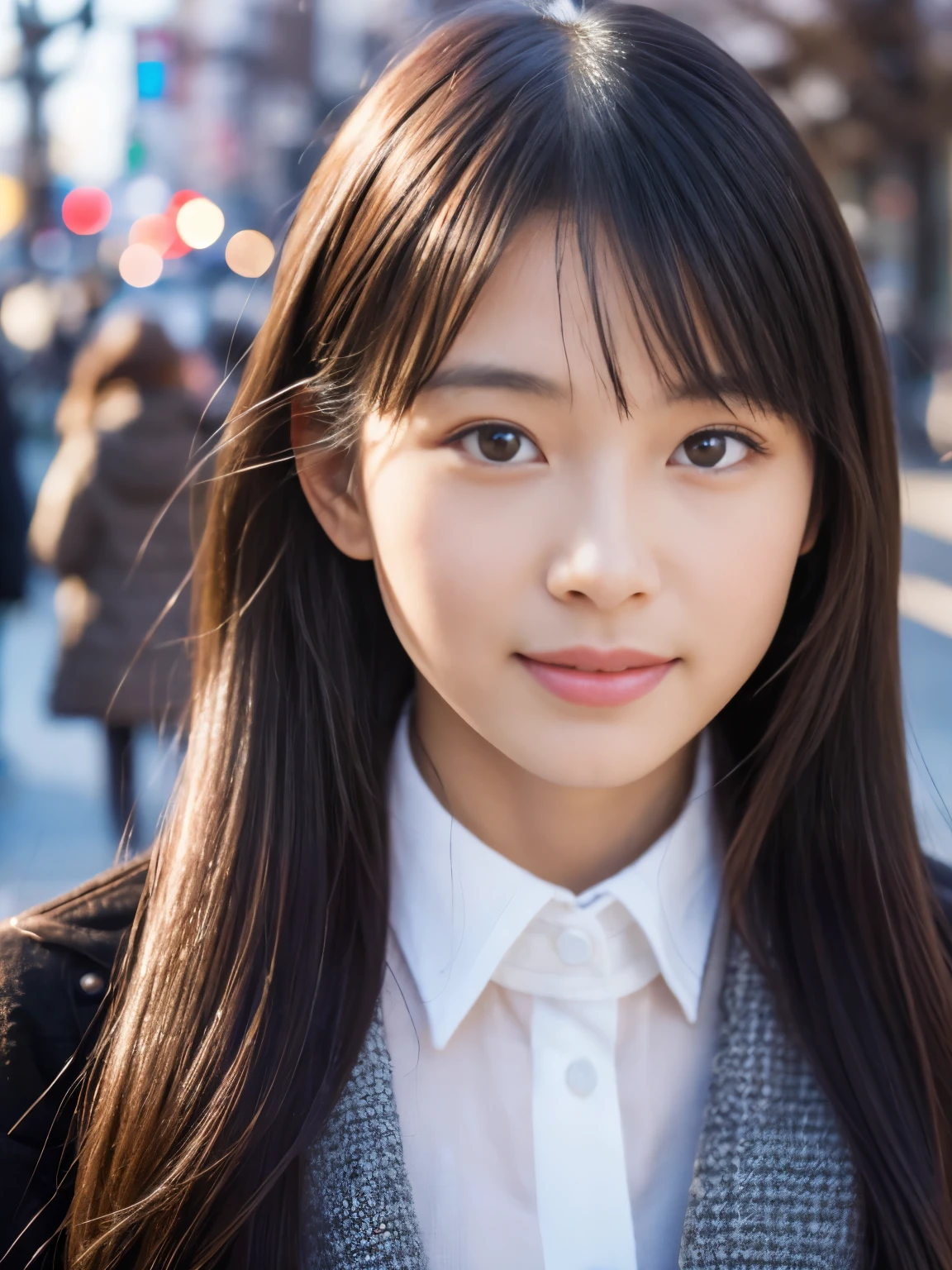 Photorealsitic, 8k full-length portraits, Beautuful Women, A charming expression, Clear department, 18year old, TOKYOcty, Winters, Shibuya in the background