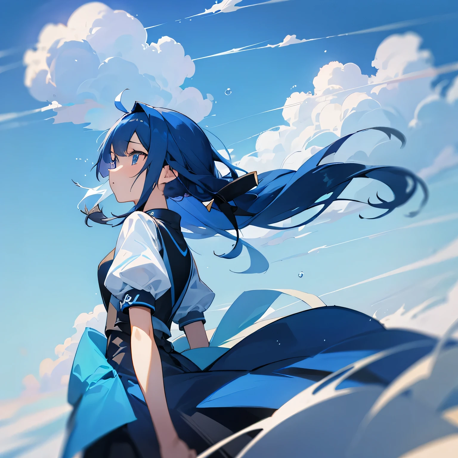 TM network ,Teenage girl,ventania,blue-sky,,dark-blue hair,Lots of tiny bubbles