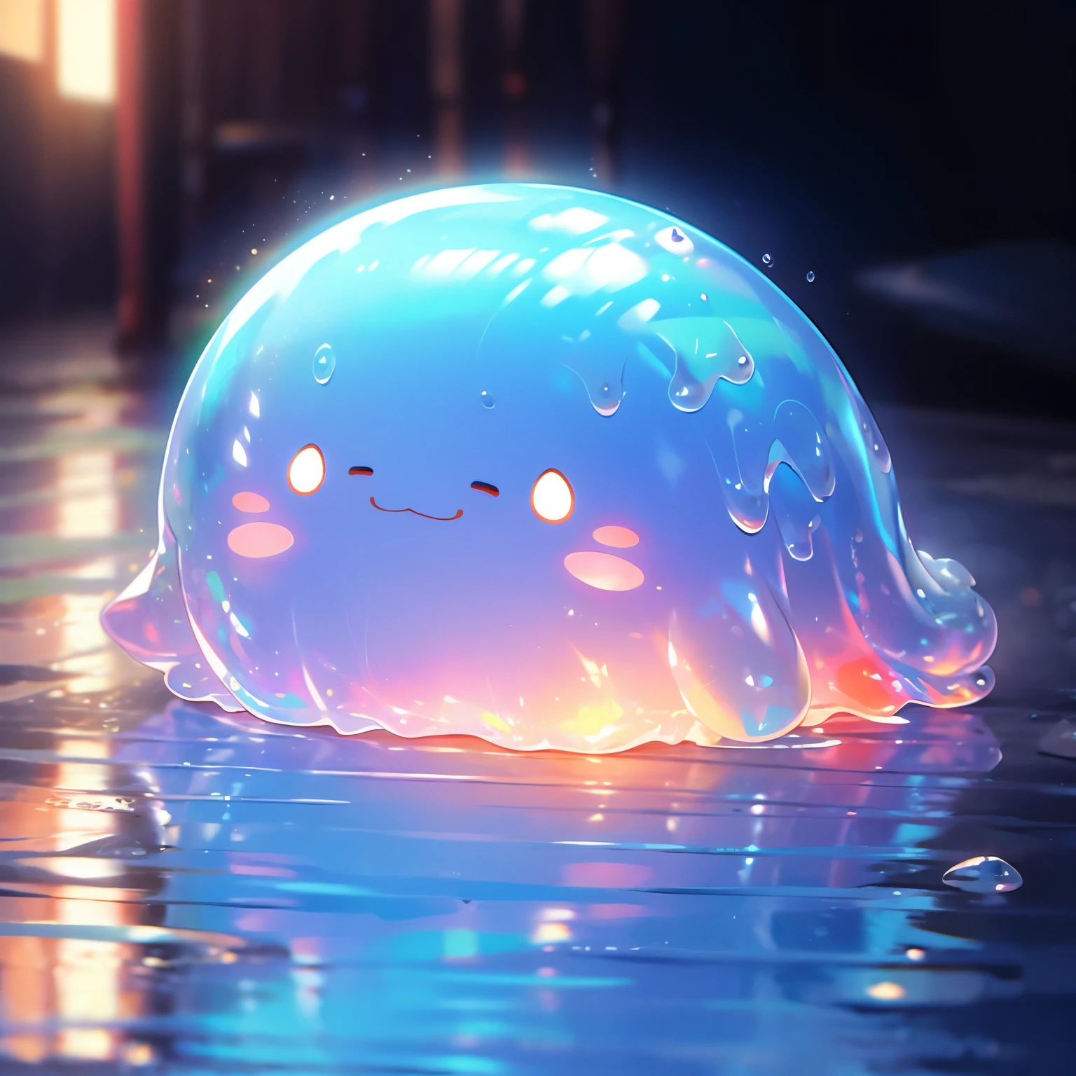 A shiny blue and red slime, cute face,vibrant and translucent texture, slime stretching and squishing, detailed, mesmerizing patterns and swirls, sparkling and reflecting light, satisfying to touch and play with, high-res masterpiece, vivid colors, illuminated with soft studio lighting.