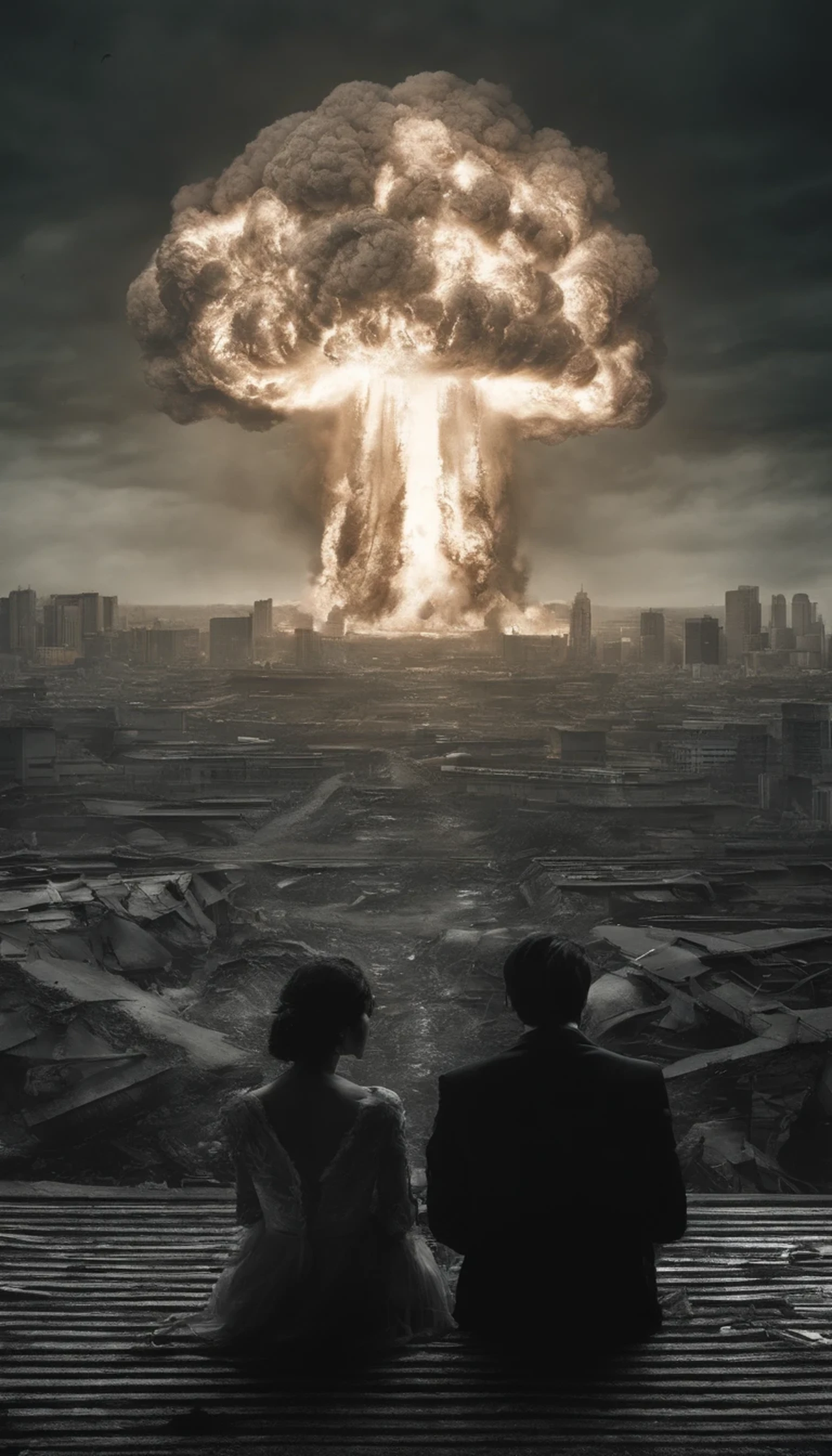 uma menina com um ursinho chorando ao ver uma gigantesca explosao nuclear no horizonte --auto