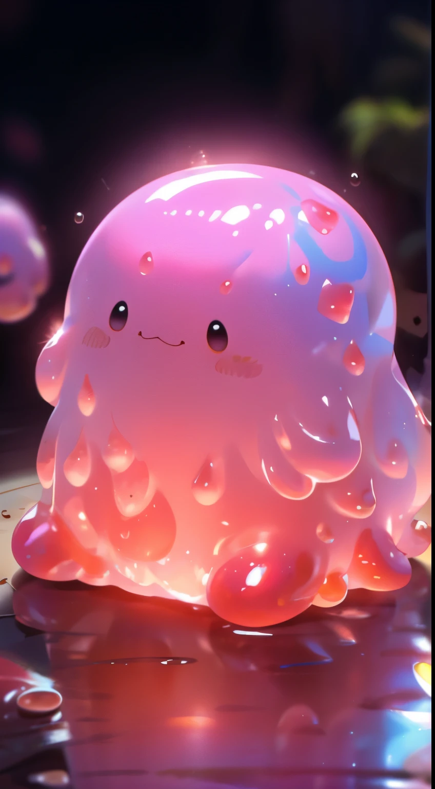 phgls, in container, bottle, strawberry jam slime, Inside a small glass bottle, a pink slime fluffs. It is a strawberry slime, a slime that emits a sweet and sour scent like strawberry. This slime is made from strawberry jam, as part of a handmade toy that uses no food additives, so it is safe to touch. This slime can contain air and fluff up, or flatten under pressure, so it changes shape in various ways inside the bottle. This slime is very cute, and sometimes it bounces or forms a heart shape from the bottle.