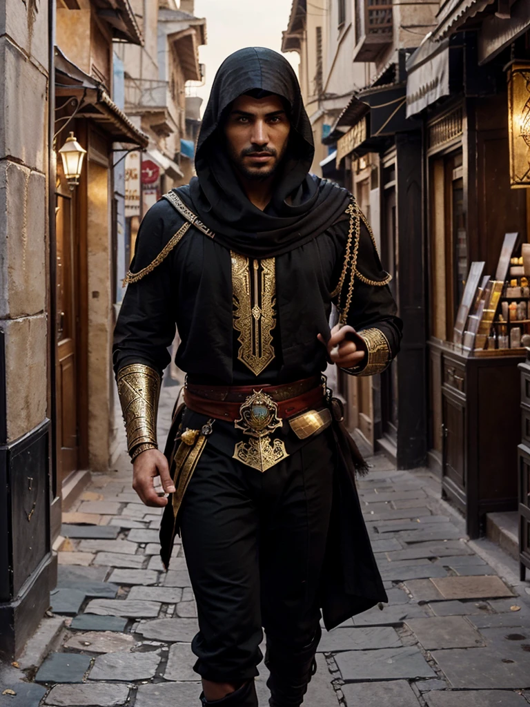 Generate a high-resolution image featuring a handsome Middle Eastern man dressed in black and gold Assassin's Creed-inspired attire. The ancient middle eastern town, busy and vibrant, with the individual walking through gracefully, with the whole city behind him. Emphasize intricate details in clothing, facial features, and the scenic background, ensuring realistic color tones and optimal visual quality.