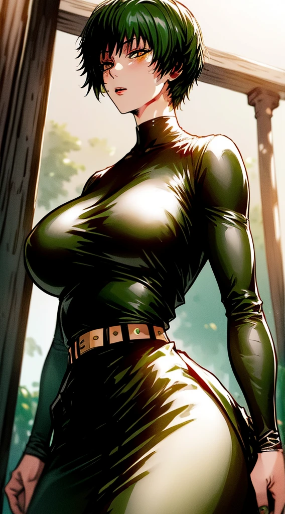 best quality, masterpiece, 1girl, (solo:1.1), raytracing, ultra detailed,detailed face, 8k wallpaper, wide hips, ZeninMakiNDV, 1girl, green hair, yellow eyes, large breasts, skirt