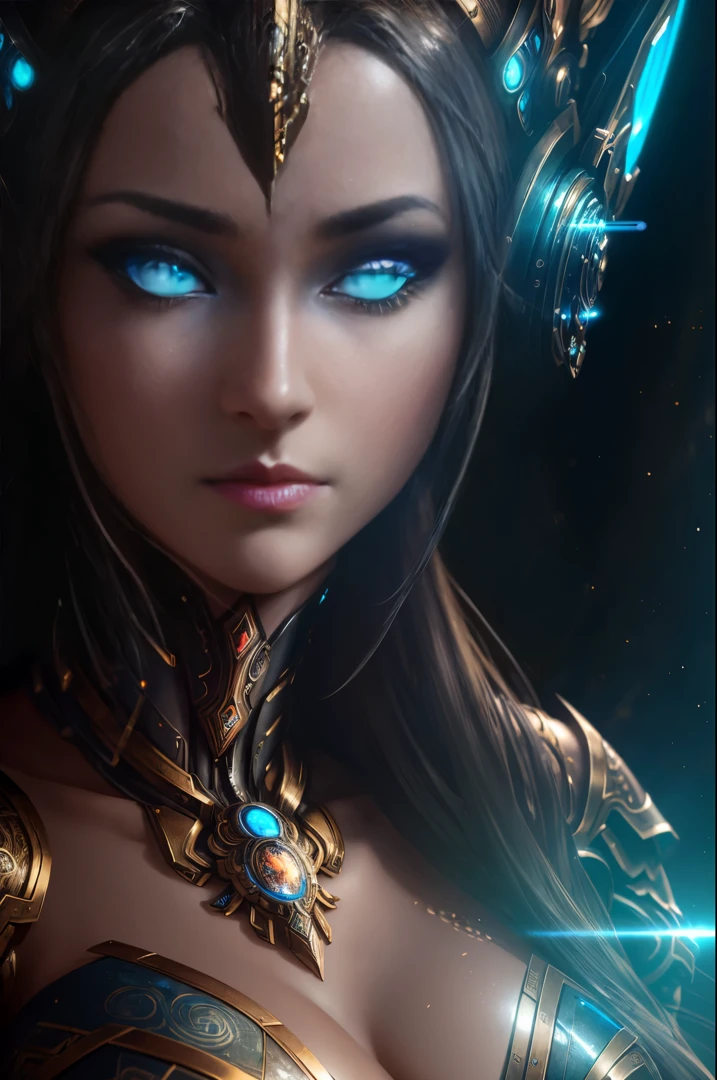 intricate ornate anime cgi style, super detailed fantasy characters, 4K highly detailed digital art, karol bak uhd, cyborg goddess in cosmos, beautiful digital works of art, 2. 5 d cgi anime fantasy artwork, Goddess. extremely high detail, portrait of cyborg queen, extremely detailed goddess shot, Half body machine, Inorganic, Next generation high performance cyborg, Goddess of Machines, The perfect cyborg, ultimate replicant, A masterpiece created by ultra-high performance AI, Final weapon, Best Quality, Perfect Angle, perfect-composition, sharp outline, Best Shots, perfect shapes, perfect model style, Very beautiful and detailed eyes, Hollow eyes, blue eyes without pupils