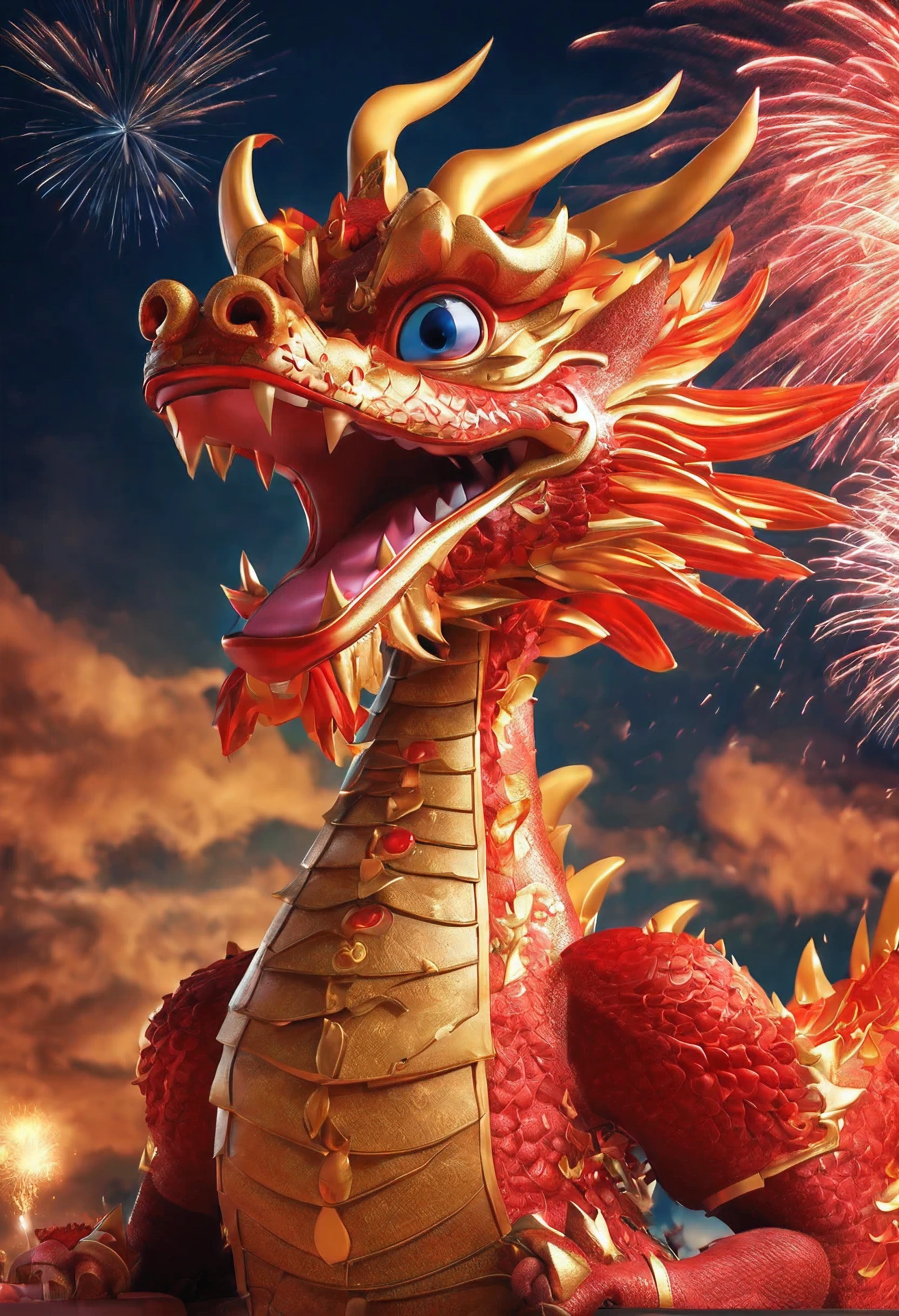 Holiday poster: (2024) Happy Year of the Dragon ，com mascot: chinesedragon,Background with: A grand fireworks display lights up the sky,(Best quality at best,3D rendering 8K,A high resolution,tmasterpiece:1.2),ultra - detailed,(actual,photoactual,photo-actual:1.37)