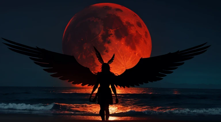 A silhouette of a Valkyrie with large wings on a beach with a red moon
