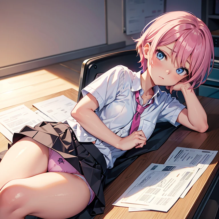 Pink hair shoulded leanth, blue eyes, short, fair skin, pinned down on a desk, in only a skirt showing some panties