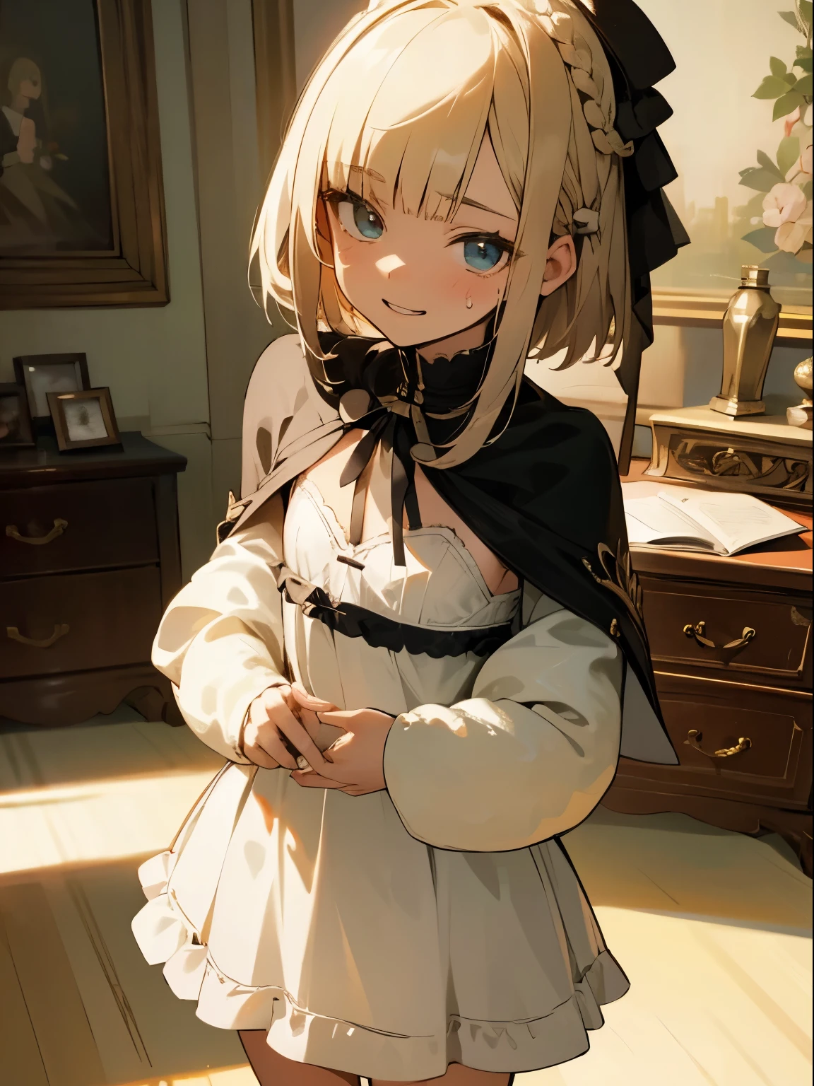 Reines, 1girl, high quality, best quality, illustration, masterpiece, (highly detailed:1.2), (extremely detailed:1.3), flat chest, white lingerie, young girl, ribbon, school skirt, braid, petite, loli, in a room, bedroom, short hair, sweaty, smiling