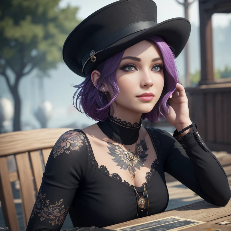Meisterwerk, best quality, High quality, sehr detailliert CG uniform 8k wallpaper, 1girls, nur, blaues Haar, tattoo, kurzes Haar, hat, Schmuck, smil, Halskette, Blick auf das Publikum, hat, realistisch, Offener Mund, teeth, upper body, Westen, Nase, nackte Schultern, artist name, schwarzes Diadem, collarbone, arm tattoo, blaue Augen, Lippen, verwischen, Oil painting, award-winning photography, bokeh, Depth of field, HDR, bloom, chromatische Aberration, Realismus, sehr detailliert, artstation Kompliziert, Hohe Detailgenauigkeit, dramatisch, Kunst von Midjourney