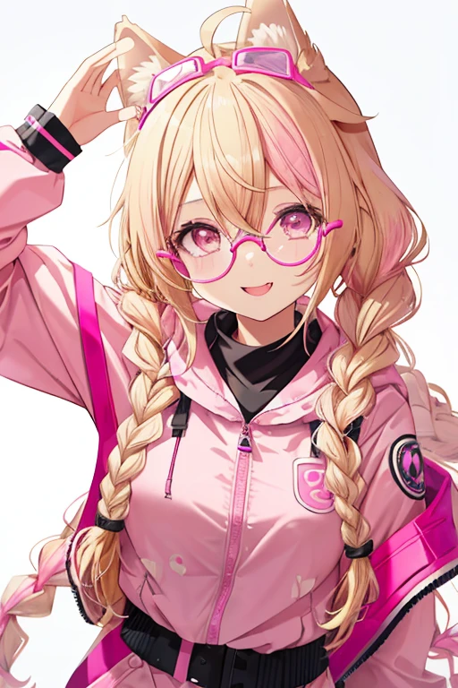 1girl, slightly blonde hair, ahoge, medium long hair, small braids, (dog ears), pink explorer outfit, explorer outfit, ((pink explorer glasses on top of her head)), happy face, playful, attractive, sexy, beautiful, artwork art, medium breasts,