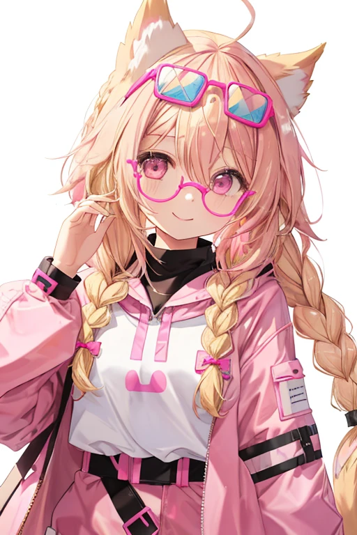 1girl, slightly blonde hair, ahoge, medium long hair, small braids, (dog ears), pink explorer outfit, explorer outfit, ((pink explorer glasses on top of her head)), happy face, playful, attractive, sexy, beautiful, artwork art, medium breasts,
