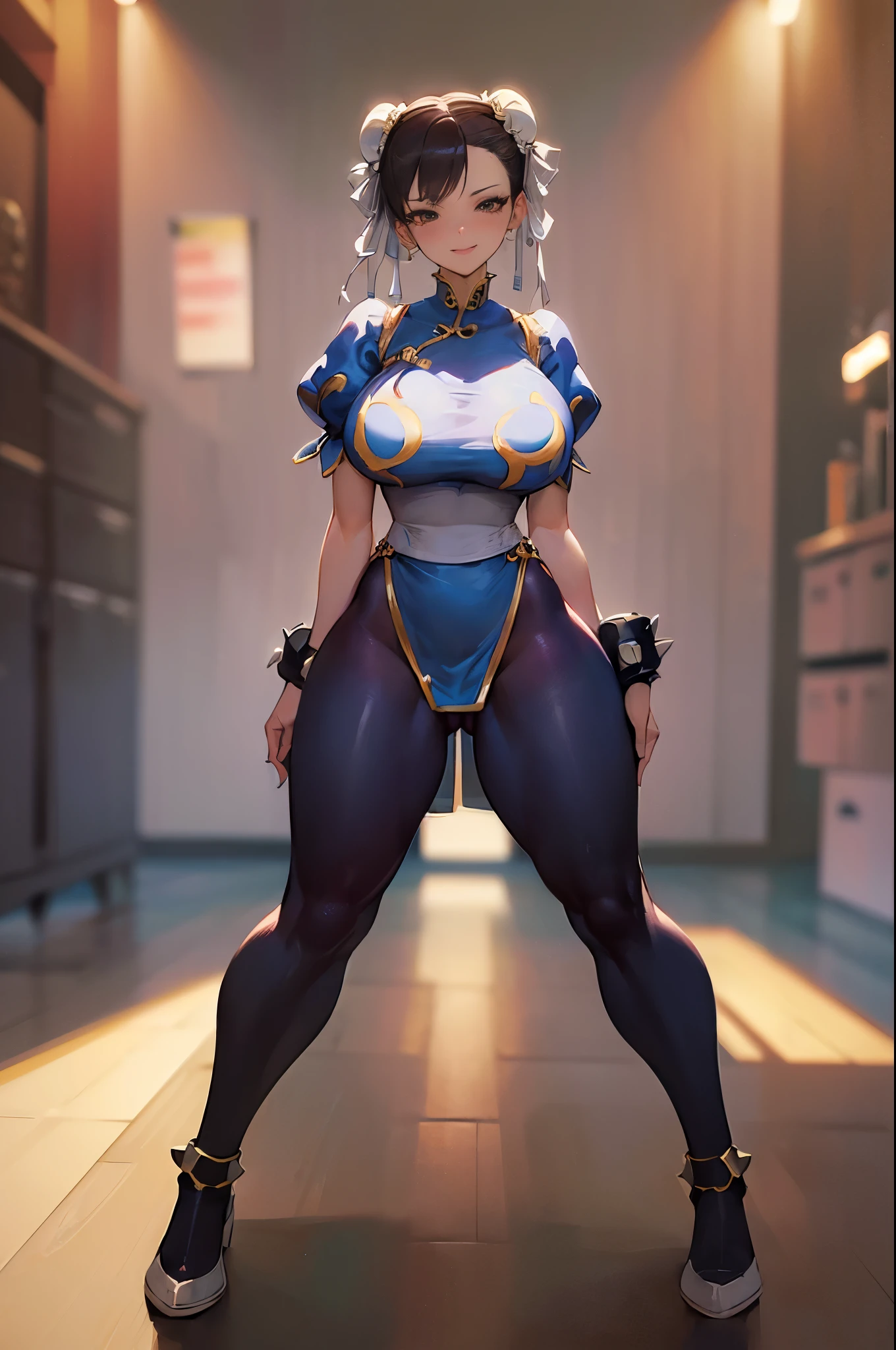 ((Detailed, masterpiece, high definition, 8K)) chun li, wide hips, big ass, nice breasts, tight outfit, seductive, seductive stance, dynamic stance, bedroom, seductive little smile on face