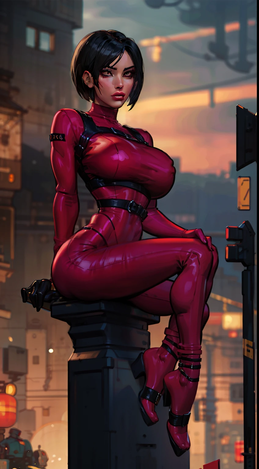 alta resolução, obra-prima, melhor qualidade, 1girl, ada Wong \(resident evil\), militar, sitting, roupa futurista, red dress, estilo cyberpunk neon, ao fundo cidade cyberpunk a noite, pele finamente detalhada, seios enormes, slender legs