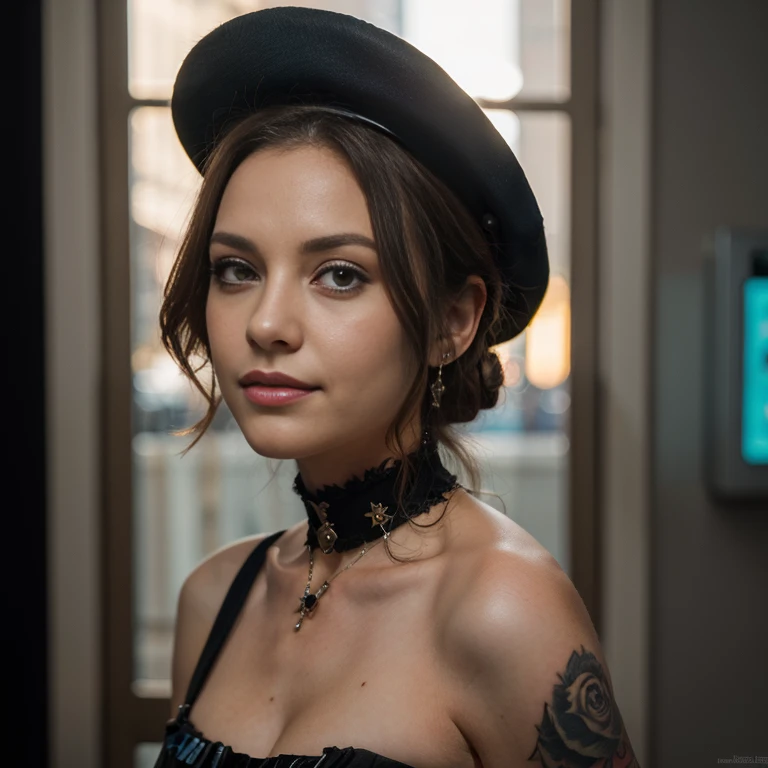 Meisterwerk, best quality, High quality, sehr detailliert CG uniform 8k wallpaper, 1girls, nur, blaues Haar, tattoo, kurzes Haar, hat, Schmuck, smil, Halskette, Blick auf das Publikum, hat, realistisch, Offener Mund, teeth, upper body, Westen, Nase, nackte Schultern, artist name, schwarzes Diadem, collarbone, arm tattoo, blaue Augen, Lippen, verwischen, Oil painting, award-winning photography, bokeh, Depth of field, HDR, bloom, chromatische Aberration, Realismus, sehr detailliert, artstation Kompliziert, Hohe Detailgenauigkeit, dramatisch, Kunst von Midjourney