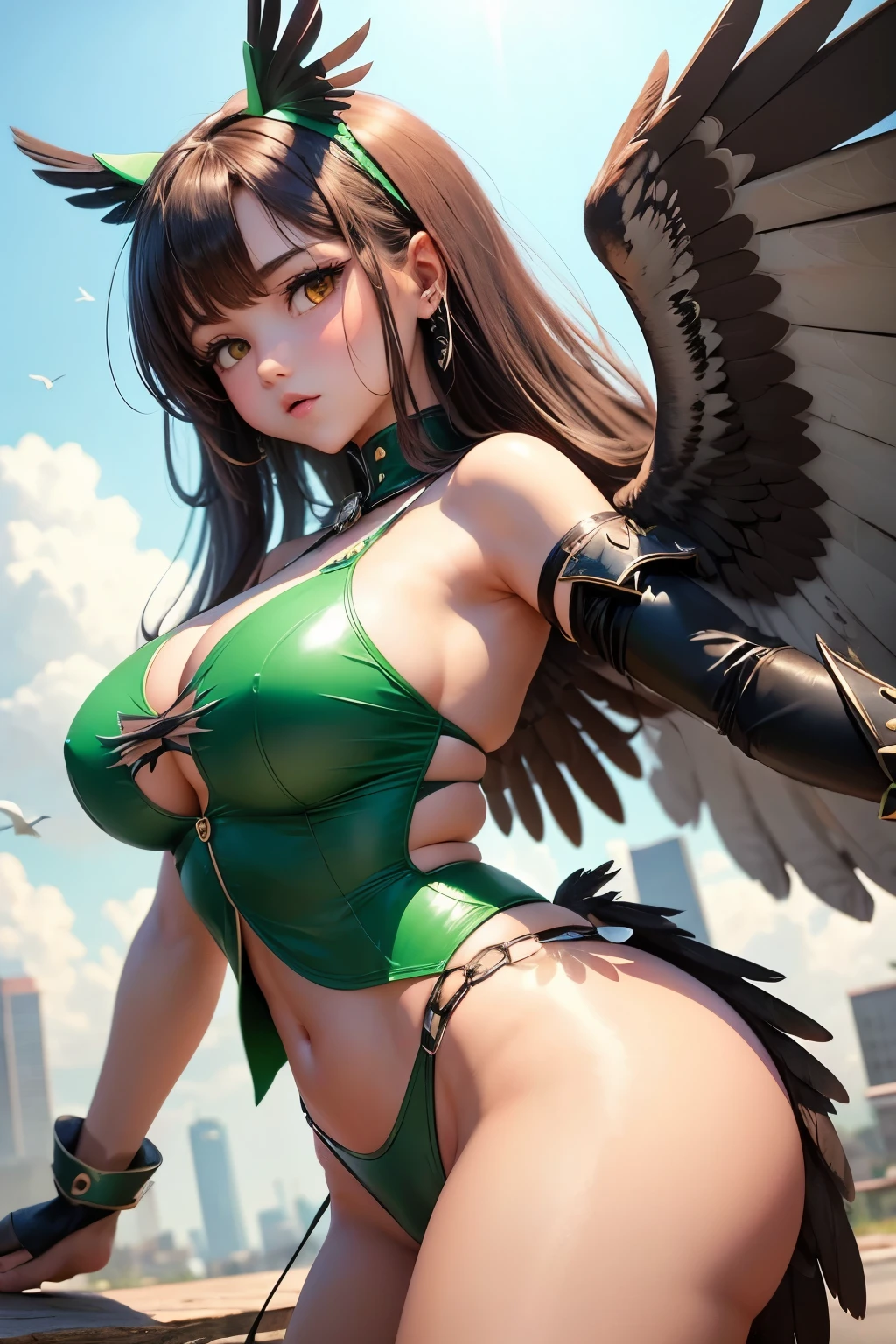 cute girl, hawk with large wings, ❤💚🤍🖤