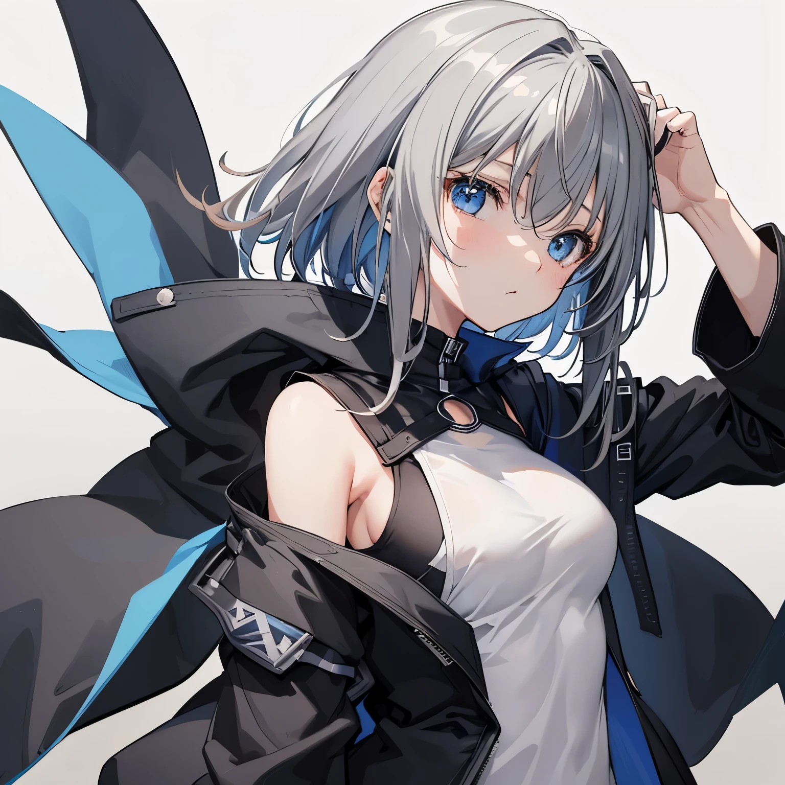 【Highest Quality, masutepiece】 [1girl, Manteau, expressioness, front facing, (glay hair:1.5),straight haired, short hair,(blue eyes:1.3), oversized black jacket, black skirt, Jacket is taken off, big breast,Upper body] (Gray white background:1.5),