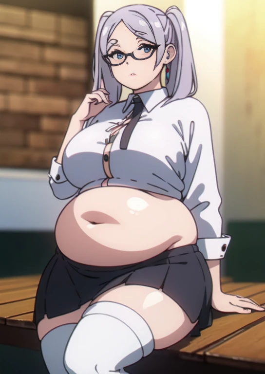 (masterpiece, best quality), 1girls, big belly, blurry background, huge belly, art by kipteitei, round belly, chubby, curvy, white button-up shirt, skirt, thighhighs, simple_background, gradient_background, belly bursting out of shirt, belly grab, enormous belly, fat belly, thicc, bigger belly, sitting on chair, really big belly, jiggly belly, shirt covering belly, belly cover by shirt, glasses