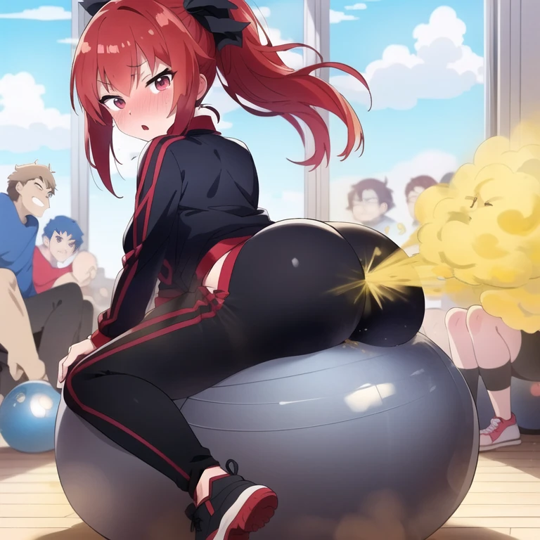 Anime blue haired girl sitting on a balance ball, beautiful anime girl squatting, Chic, the anime girl is crouching, at the gym, Anime Waifu, popular on pixiv, chun li at the gym, Ecchi anime style, Top Rated on pixiv, anime style 4 k, Insanely inflated hips, Rin, pin on anime, attacked by a big fart, attack with a big fart,Leaning forward)),(Big ass), ((Place your butt on the balance ball)),((exercise clothes)),,big fart coming out of the butt,emphasis on the buttocks,((Your butt is sticking out here))), (((Yellow smoke is rising ))),(((big fart coming out of the ass ))),red blush, Surprised face, ((Sit on the balance ball))