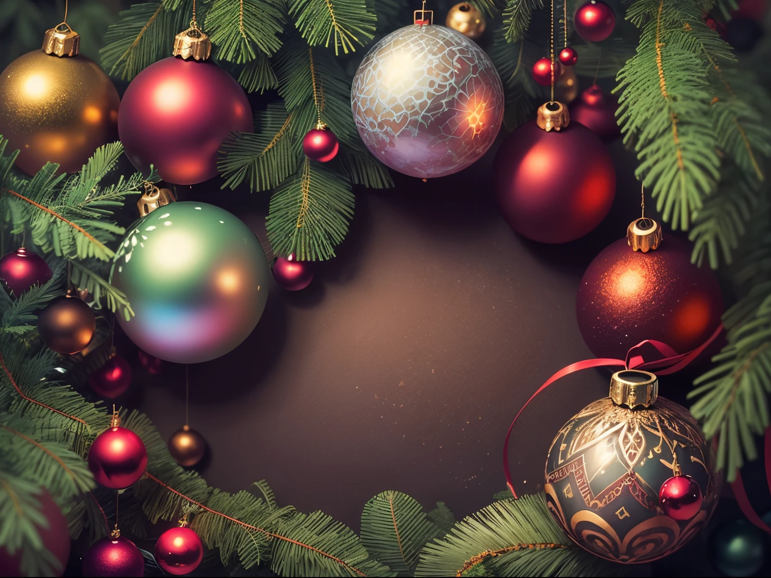 (Best quality at best,A high resolution), Beautiful Christmas decoration on fir branches, Sparkling ornaments,  design template. banners, （（copy space））