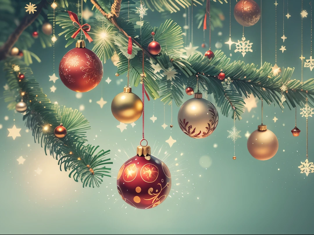 (Best quality,A high resolution), Beautiful Christmas decoration on fir branches, Sparkling ornaments,  design template. banners, copy space