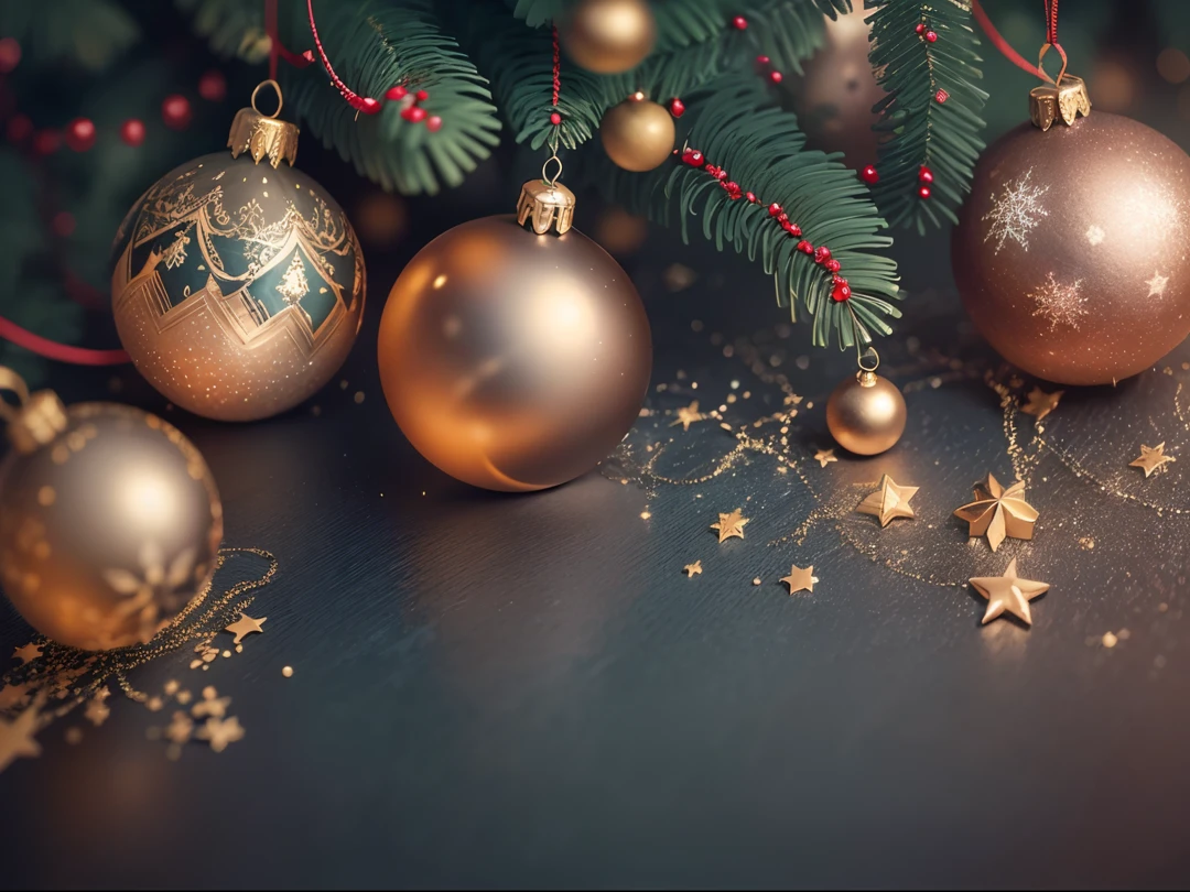 (Best quality,A high resolution), Beautiful Christmas decoration on fir branches, Sparkling ornaments, design template. banners, copy space